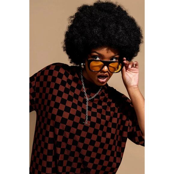 Dressed In LALA Lex Ribbed Playsuit Mocha Brown Black Checkered Set Pants Medium - Picture 4 of 12